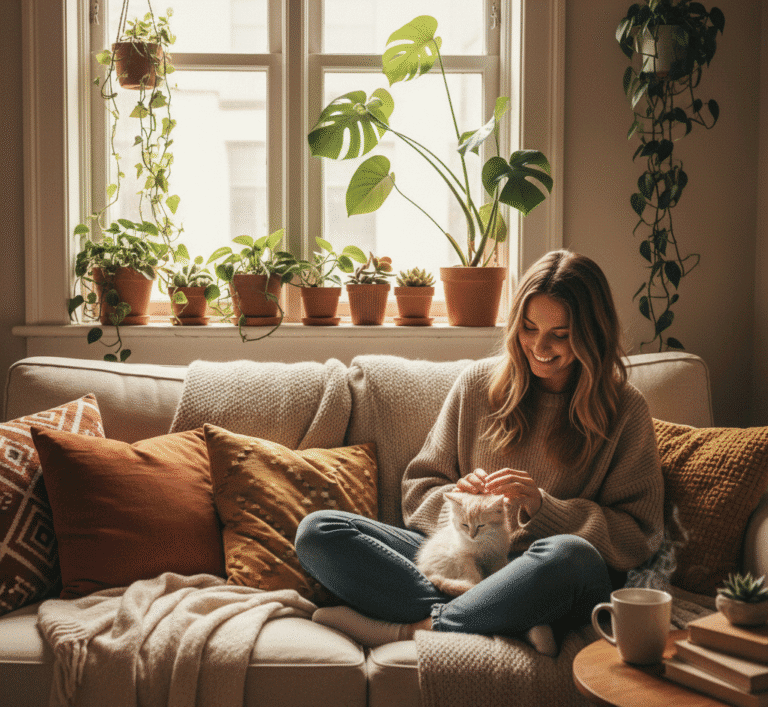 Persona feliz con su mascota en un apartamento pequeño y acogedor