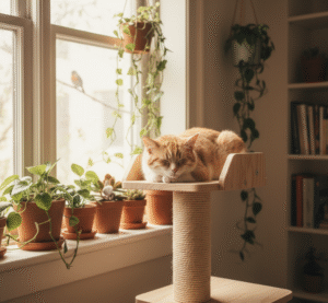 Gato tranquilo para apartamento descansando en un árbol para gatos junto a una ventana.
