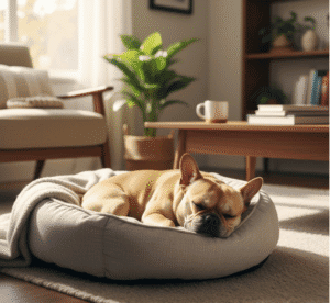 Perro pequeño de raza tranquila como un Pug durmiendo en su cama en un apartamento