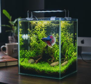 Pez Betta en un acuario pequeño y bien cuidado ideal para apartamento